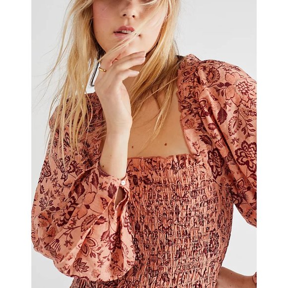 FREE PEOPLE Smock It To Me Mini Dress / Apricot Combo NWT - Picture 3 of 14